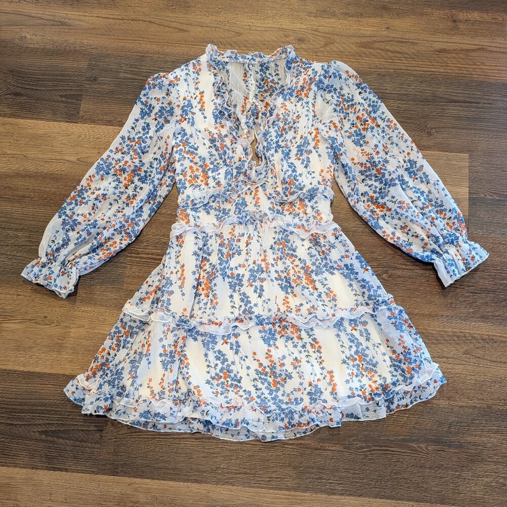 Ruffle Floral Long Sleeve Backless White with Blue and Pink Flowers Mini Dress